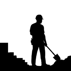 A stark black silhouette depicts a diligent construction worker wearing a hard hat, actively shoveling dirt or debris at a job site.