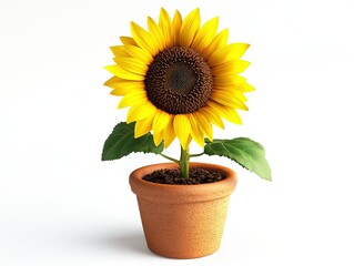 Obraz premium Hyper-Realistic Sunflower in Terracotta Pot Close-Up, Centered on White Background, 8K Detail – For Nature Themes & Decor