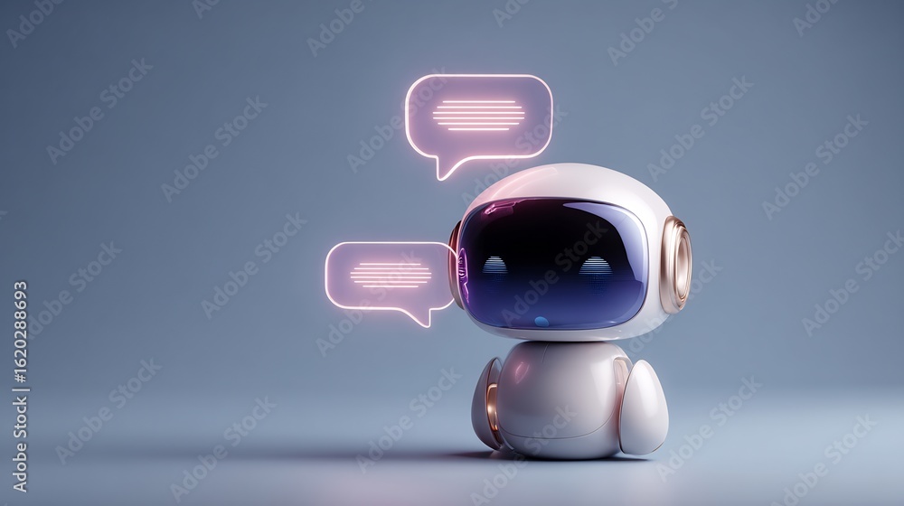 Poster cute ai assistant with speech bubbles, representing chatbot and digital interaction