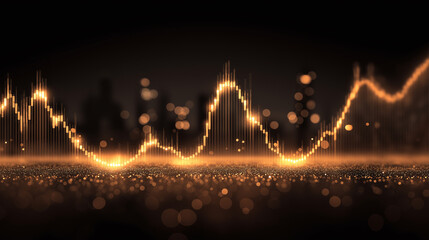 Glowing golden sound wave with bokeh light effect and abstract digital data visualization on dark background, creating smooth and dynamic atmosphere with warm tones