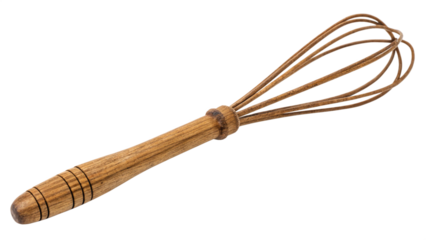 Wooden whisk isolated on transparent background for mixing eggs and ingredients in cooking and baking, a rustic kitchen utensil for food preparation