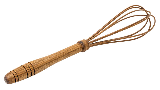 Wooden whisk isolated on transparent background for mixing eggs and ingredients in cooking and baking, a rustic kitchen utensil for food preparation