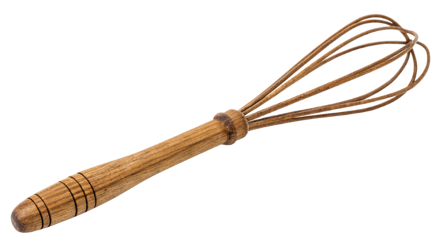 Wooden whisk isolated on transparent background for mixing eggs and ingredients in cooking and baking, a rustic kitchen utensil for food preparation