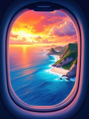 World Tourism Day Banner with Airplane Window Showing a Scenic Coastal Landscape.
