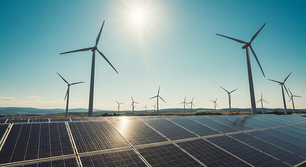 A vast field of solar panels and numerous wind turbines under a bright sun and clear blue sky, symbolizing renewable energy.
