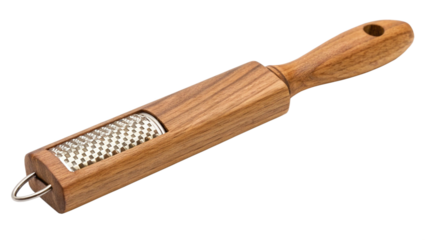 Wooden cheese grater isolated on transparent background, a rustic kitchen tool for grating cheese and other ingredients in food preparation