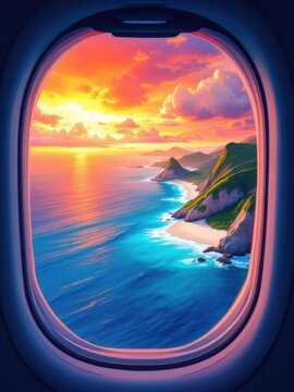 World Tourism Day Banner with Airplane Window Showing a Scenic Coastal Landscape.