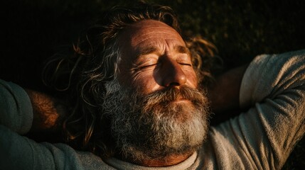 Serene man relaxes outdoors, eyes closed, bathed in golden sunlight