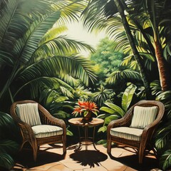 Fototapeta premium Outdoor hotel dining furniture with a tropical garden and sea view, perfect for summer vacation