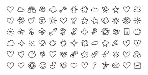 Doodle Style Love and Nature Icons – Heart, Flower, Star, Cloud, Sun, Sparkle, Cute Sketch Symbols