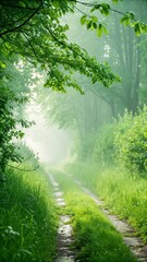 Obraz premium Foggy Green Forest Path with Morning Light, Peaceful Nature Trail Surrounded by Trees, Lush Summer Woodland Scenery, Tranquil Atmosphere