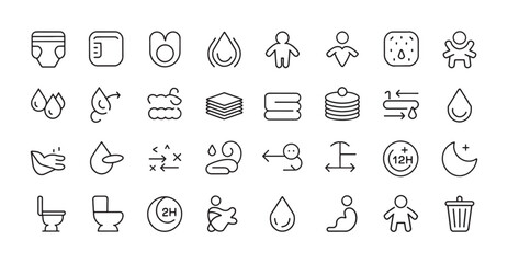 Baby Hygiene and Routine Line Icons – Diaper, Wipes, Towels, Bath, Toilet, Sleep, Droplets