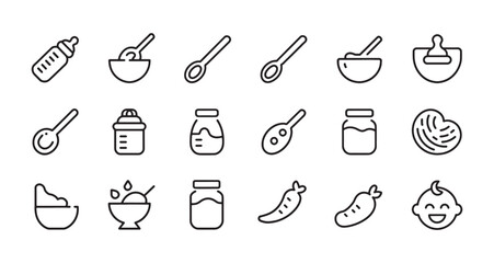 Baby Food and Feeding Line Icons – Bottle, Spoon, Bowl, Jar, Puree, Vegetables, Nutrition