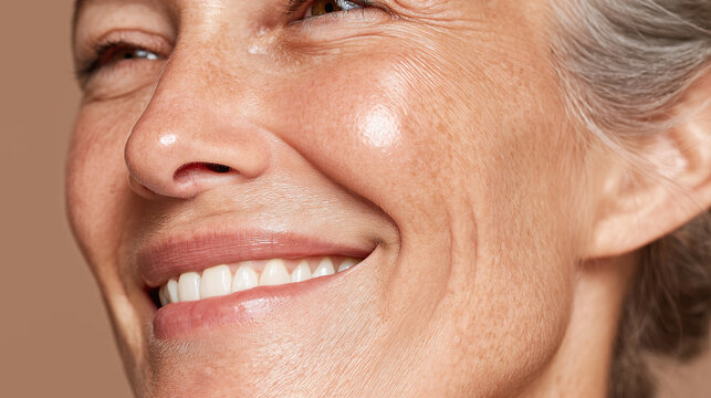 Smiling mature woman with glowing skin, visible smile lines, and natural hydration showing healthy cheekbone and joyful expression in close up portrait