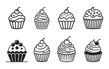 Cupcake Line Icons Set – Black and White Vector Dessert Illustrations with Cherries and Frosting