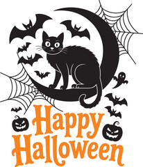 Obraz premium Black Cat with Web Happy Halloween