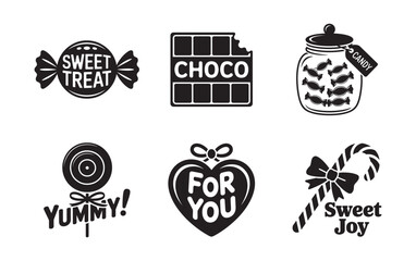 Sweet Candy and Chocolate Labels – Black and White Vector Icons for Treats, Gifts, and Packaging