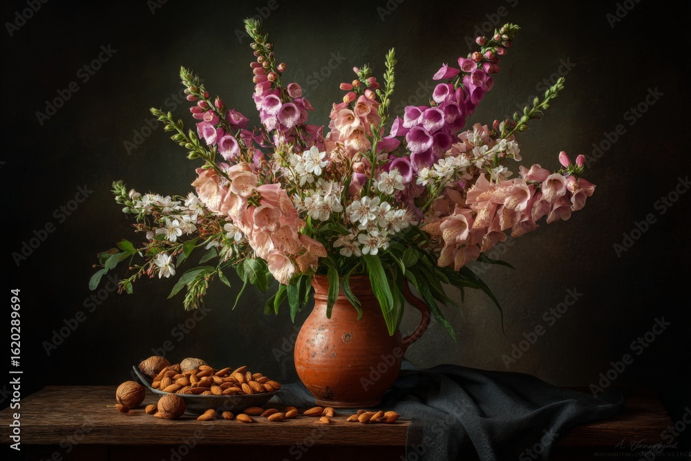 Poster beautiful arrangement of flowers in a rustic vase with nuts on a wooden table in a soft light settin