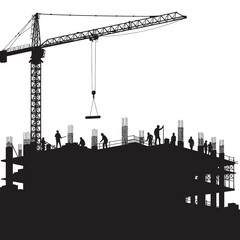 A black and white silhouette depicts a construction site with a towering crane, workers, and the framework of a building under development against a bright white backdrop.