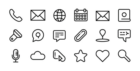 Communication and Interface Line Icons – Phone, Email, Calendar, Chat, Map Pin, Star, Heart, Search
