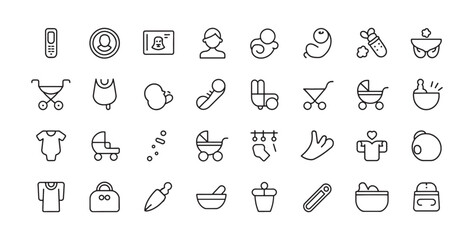 Baby Care and Parenting Line Icons – Stroller, Bib, Socks, Bottle, Food Bowl, Clothing, Accessories
