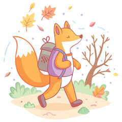 A cute orange fox wearing a backpack is on an autumn adventure
