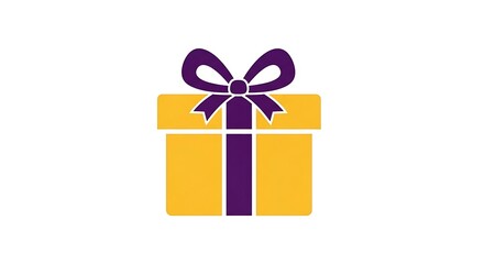 Obraz premium A graphic of a yellow gift box with a purple bow and ribbon on a white background in a simple style