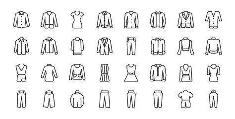 Minimal Fashion Clothing Line Icons – Shirts, Pants, Dresses, Jackets, Sweaters, Outfits