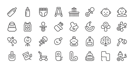 Modern Baby and Toddler Line Icons – Bottle, Diaper, Toys, Walker, Crib, Pacifier, Rattle, Backpack