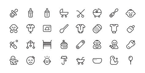 Baby Care Line Icons Collection – Feeding, Clothing, Toys, Bathtub, Pacifier, Sleeping, Grooming