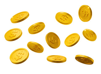 Golden bitcoin cryptocurrency coins falling isolated on transparent background