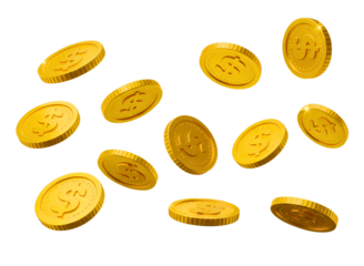 Golden bitcoin cryptocurrency coins falling isolated on transparent background