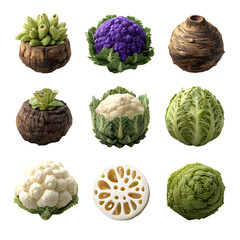 Obraz premium Fresh Assorted Vegetables and Floral Cauliflower in Eco-Friendly Bowls.