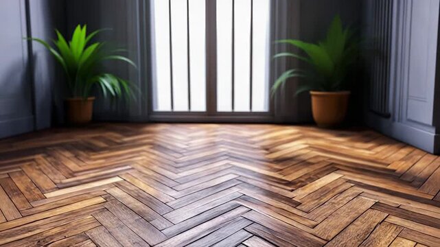 Polished herringbone parquet floor reflecting light in modern interior