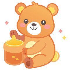 Fototapeta premium Adorable cartoon bear with a pot of honey and sparkling details