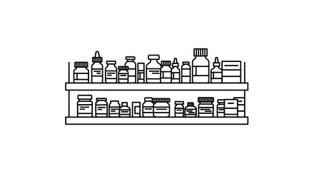 Naklejka premium A line drawing of two shelves filled with assorted bottles and containers in black and white style