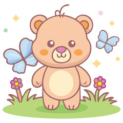 Fototapeta premium Adorable cartoon teddy bear with butterflies and flowers in a meadow
