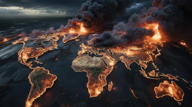 World map burning earth climate change apocalypse global warming disaster concept art