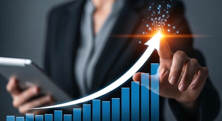 Businesswoman pointing at an upward trending arrow on a graph representing business growth and success