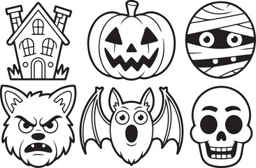 Halloween icons set black and white illustrations
