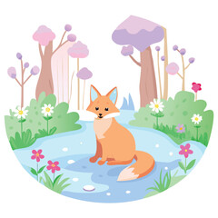 Cartoon fox sitting in a pastel colored landscape with flowers and trees