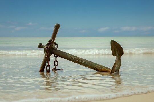 Weathered anchor rests on sandy beach shore with gentle waves and clear blue sky creating a serene nautical scene