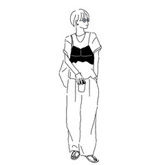 Monochrome fashion illustration of a woman in summer outfit with layered T-shirt and bustier