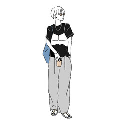 Illustration of a woman in layered summer fashion with bustier and T-shirt, holding a drink