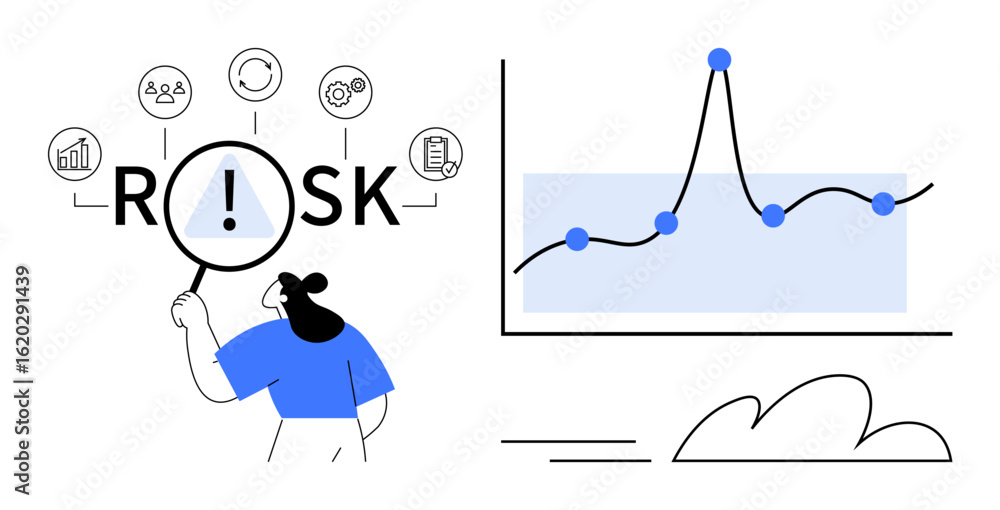 Poster woman with magnifying glass examining risk-related elements surrounded by icons. line chart with dat