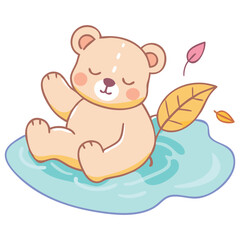 Fototapeta premium Cute beige teddy bear sitting on a blue puddle in an autumn setting