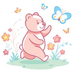 Cute bear running through the flowers chasing butterflies in a colorful illustration