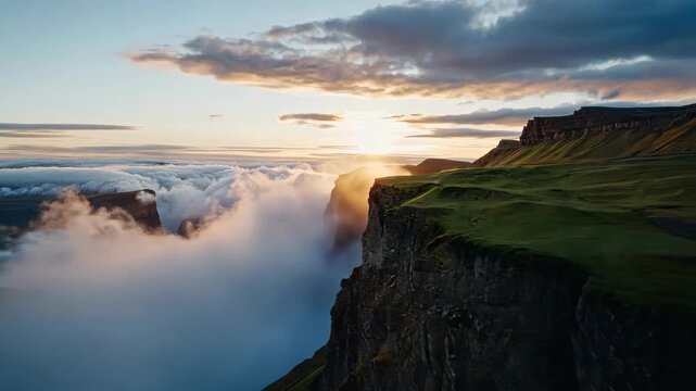 Dramatic cliffside landscape at sunrise with fog and cloud inversion in Faroe Islands