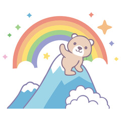 Cute cartoon bear waving on a snowy mountain with a rainbow above
