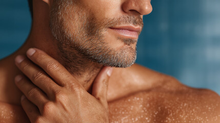 Obraz premium Moisturized male skin with close up of hand touching neck and collarbone, showing healthy beard and smooth texture in calm and relaxed moment